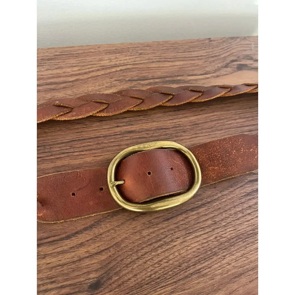 VTG Lucky Brand Tan Leather Braided Men's Belt Heavy Brass Buckle Western 46in